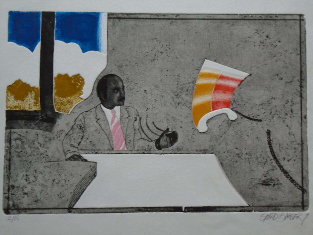 Sjoerd Bakker - kleurenets - Man achter bureau met telefoonhoorn kopen? Bied vanaf 30!