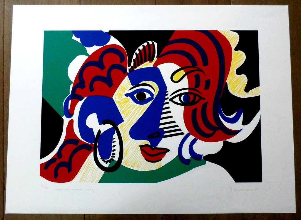 Yolande Brouwers - zeefdruk: hoofd met zwarte oorring - 1991 kopen? Bied vanaf 30!