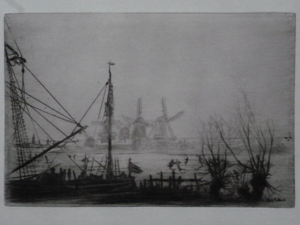 Ludovic Napoléon Lepic (Vicomte) - ets - Schaatsers op rivier bij molens. kopen? Bied vanaf 35!