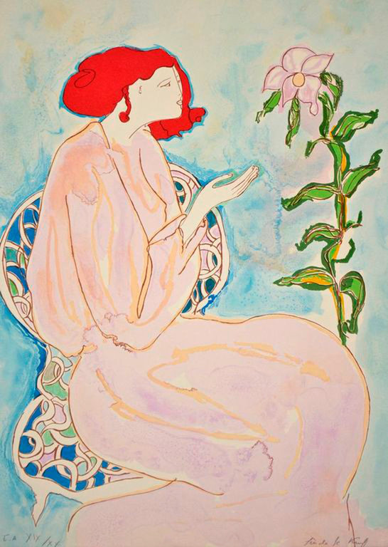 Linda Le Kinff - Linda le Kinff -Femme avec Fleur- Lithografie .Handgesigneerd. 1970..Zeldzaam! verkocht voor € 119!