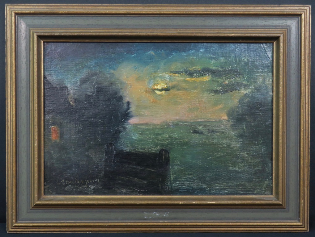 Piet van Wijngaerdt: Olieverf op maroufle, Landschap - Ingeljist verkocht voor € 200!