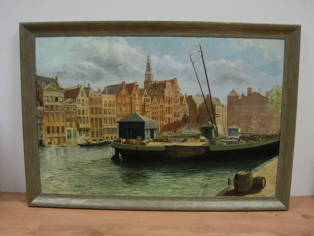 GROOT! oud olieverf "Amsterdam zonnig Damrak" gemonogrammeerd "LS" kopen? Bied vanaf 1!