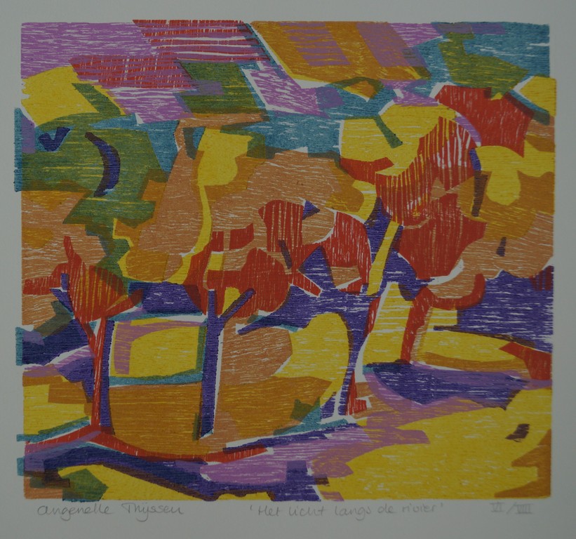 Angenelle Thijssen - Het licht langs de rivier - houtsnede - oplage 8 ex. kopen? Bied vanaf 1!