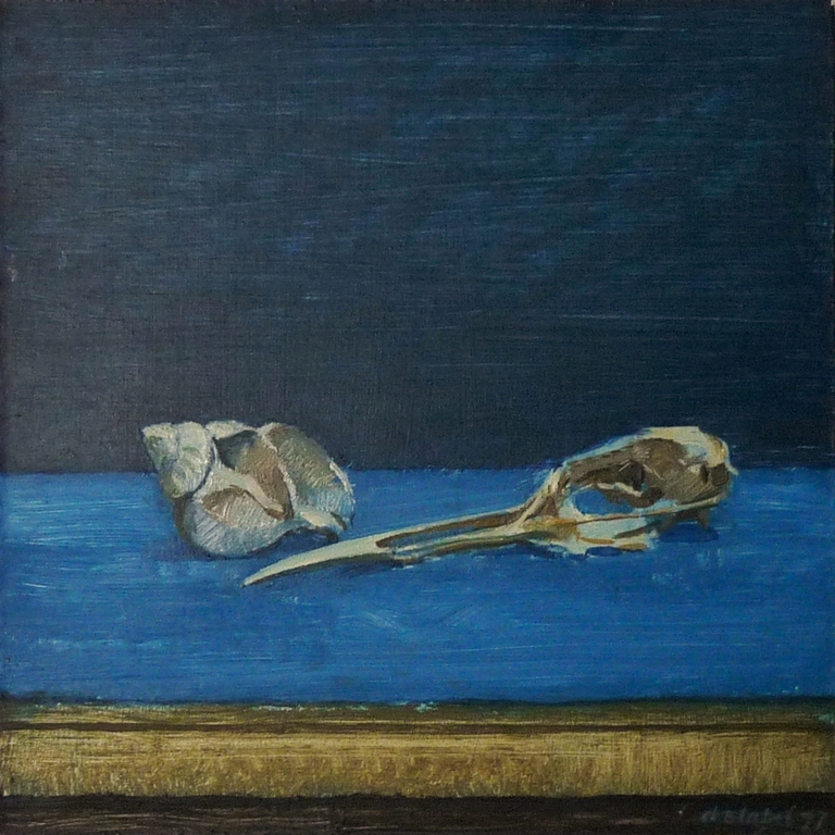 Dick Stapel, Olieverf op paneel, Schelp en vogelschedel verkocht voor € 165!