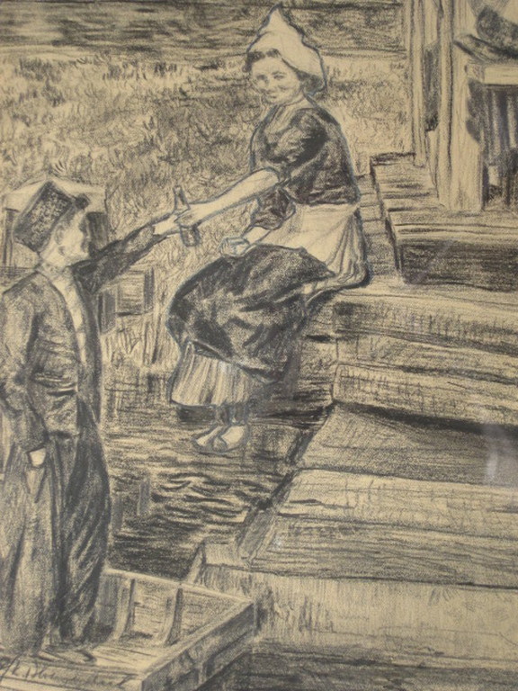 Antieke 1931 houtskooltekening "op een brug in Volendam" gesigneerd  kopen? Bied vanaf 1!