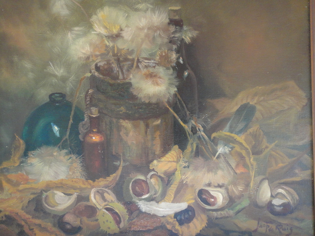 Jaap de Ruig, olieverf op doek, stilleven met o.a. distel en wilde kastanjes verkocht voor € 47!