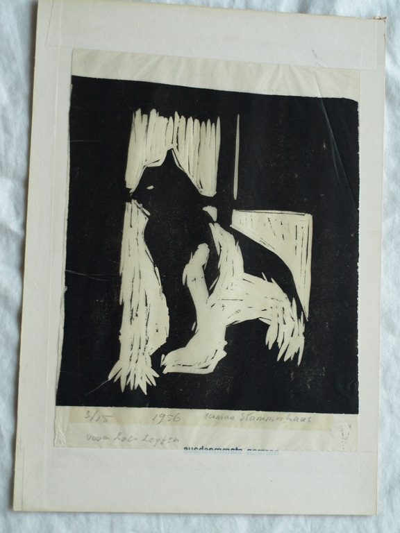 Herman Stammeshaus :  Houtsnede – Kat voor raam – gesigneerd - 1956 kopen? Bied vanaf 1!