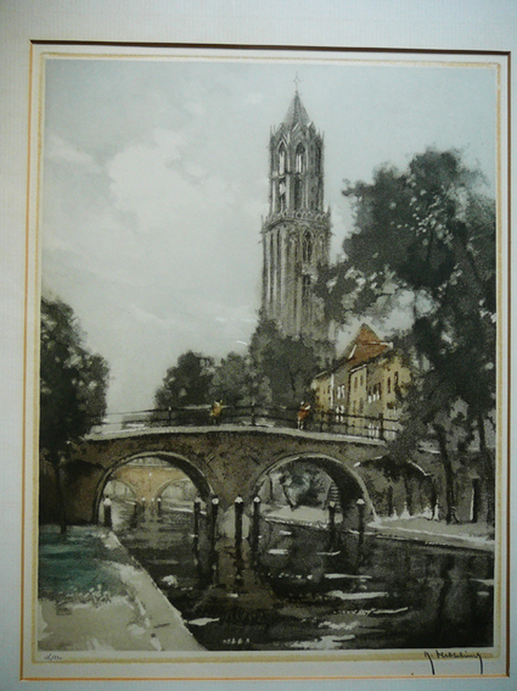 Roger Hebbelinck: Oude Gracht met Domtoren Utrecht -ets aquatint circa 1960- verkocht voor € 35!