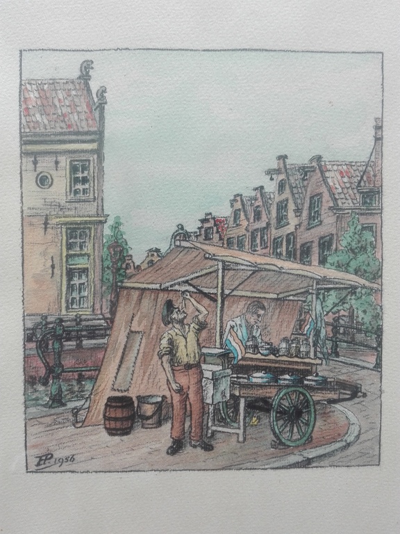 Stadsgezicht; man bij viskraam, aquarel uit 1956 gesigneerd  kopen? Bied vanaf 1!