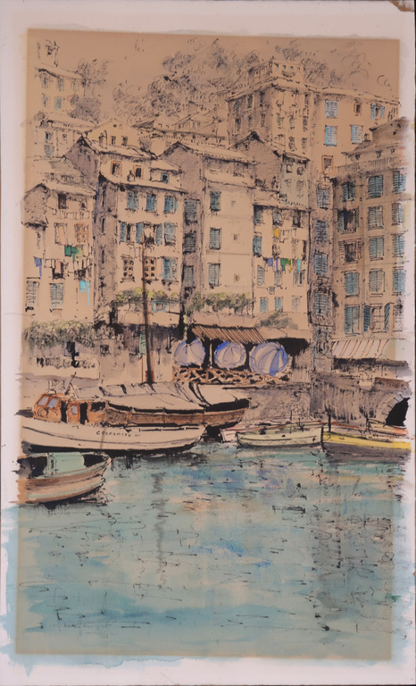 Jan den Hengst: Aquarel en inkt op papier, Harbour on the Mediterranean coast kopen? Bied vanaf 40!