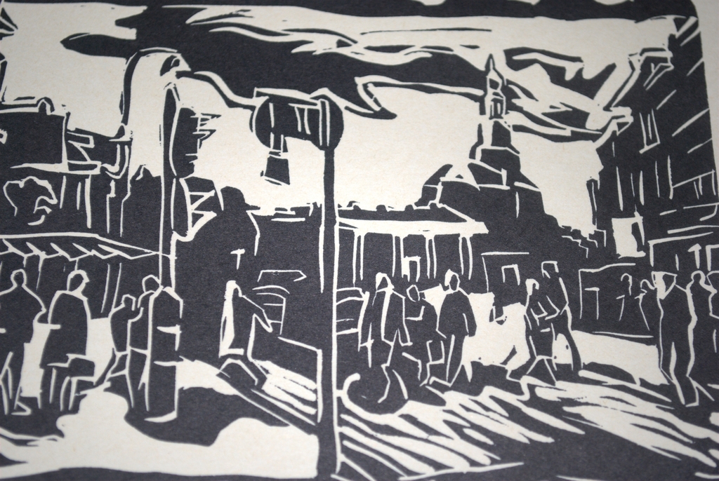 Groninger Ploeg Arie Zuidersma, linosnede Groningen met gedicht, oplage 25.  verkocht voor € 35!