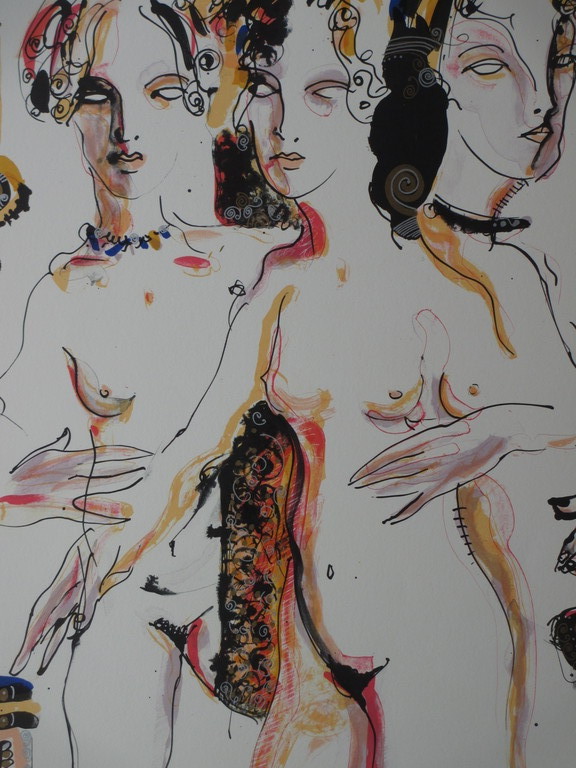 Jan Voss, Drie naakte dames, Handgekleurde litho kopen? Bied vanaf 50!