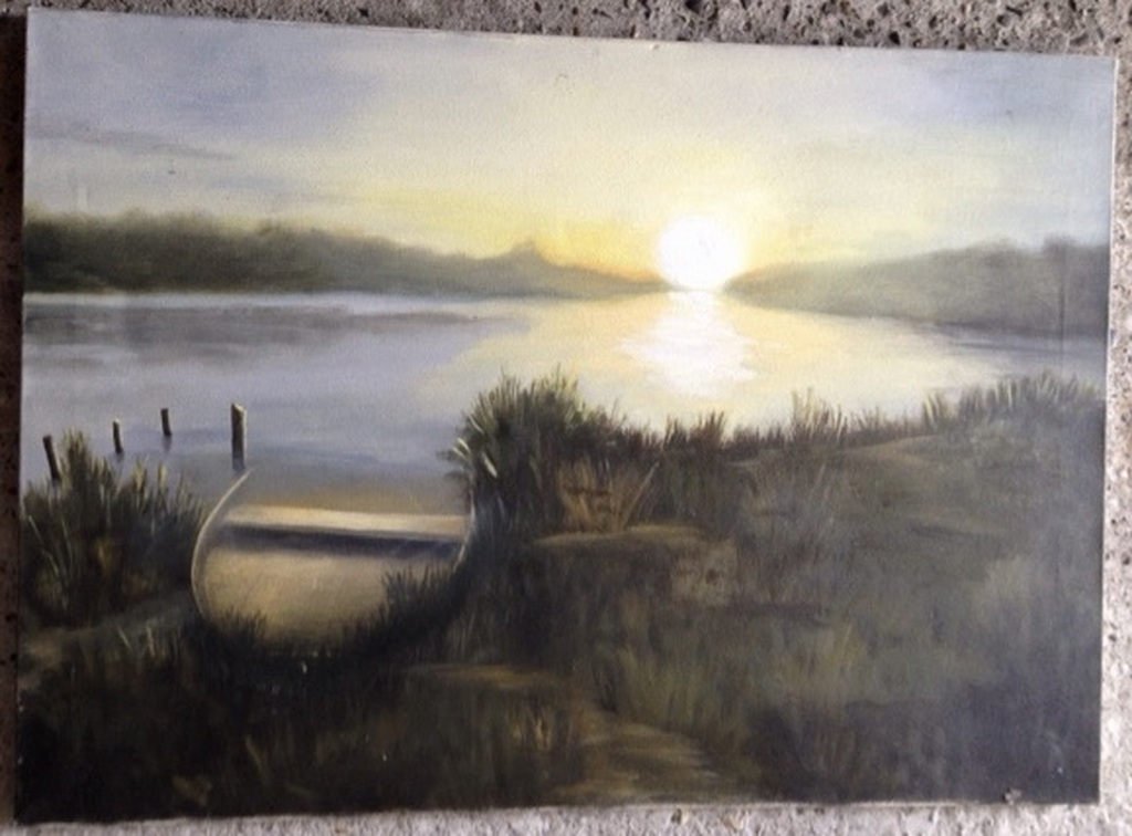 Olieverfschilderij - uitzicht over een meer - 70 x 50 cm = gesigneerd  kopen? Bied vanaf 1!