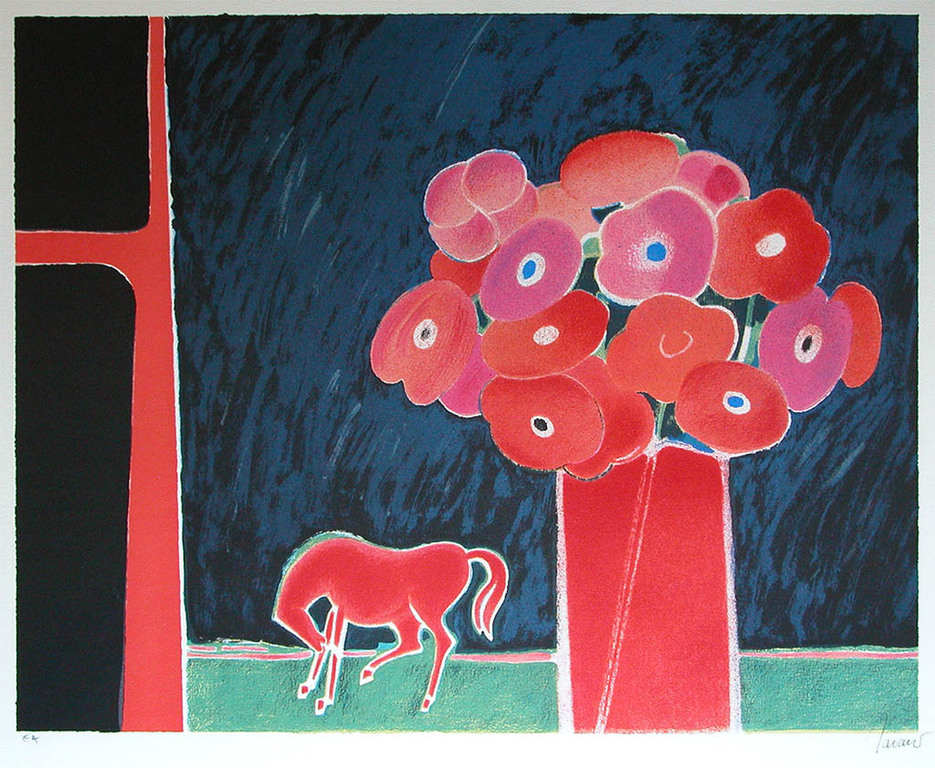 Albert Zavaro, ‘Le bouquet rouge’ - originele kleurenlitho, handgesigneerd, ed.  verkocht voor € 75!