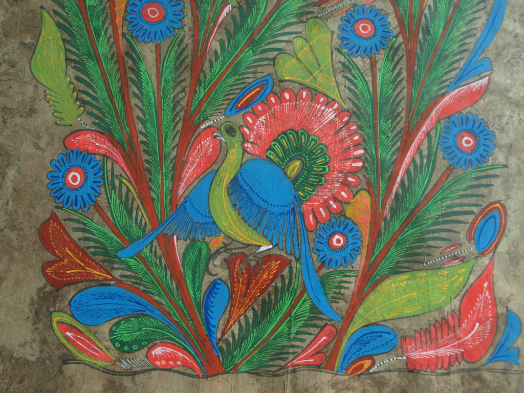 Onbekende kunstenaar : Acryl op zelfgeschept papier , Pauwen – ingelijst  kopen? Bied vanaf 1!