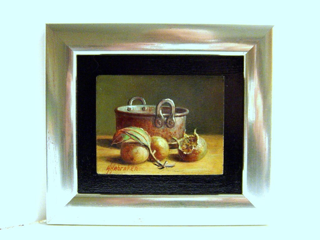 Hans Habraken - olieverf op paneel - stilleven met koperen pot en mispels verkocht voor € 195!