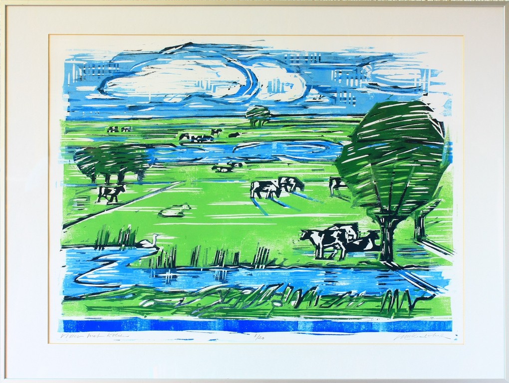 Luuk Scholten: Houtsnede, Rivier met koeien verkocht voor € 100!