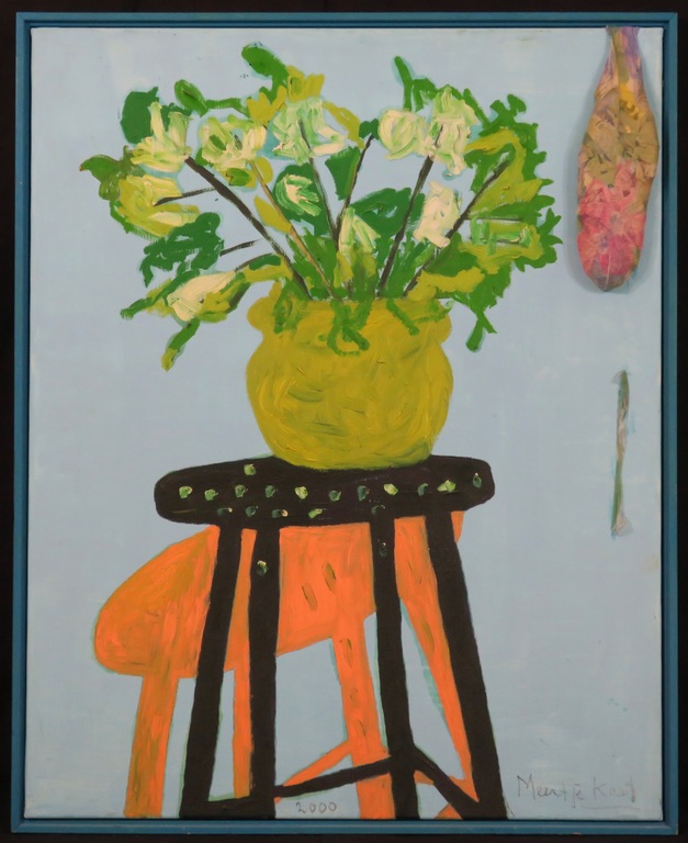 Meertje Kaal: Acryl en collage op doek, Stilleven - Ingelijst verkocht voor € 105!