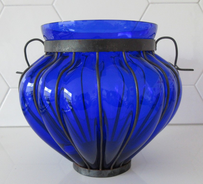 Ongespecificeerd - Grote cobalt blauwe Murano glazen amfoor vaas met metalen beslag kopen? Bied vanaf 37!