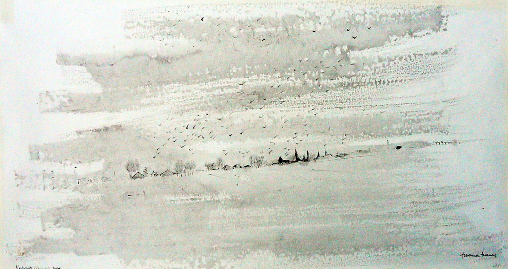 'Foggy morning' -Katwoude januari 1984, tekening/aquarel-  verkocht voor € 80!