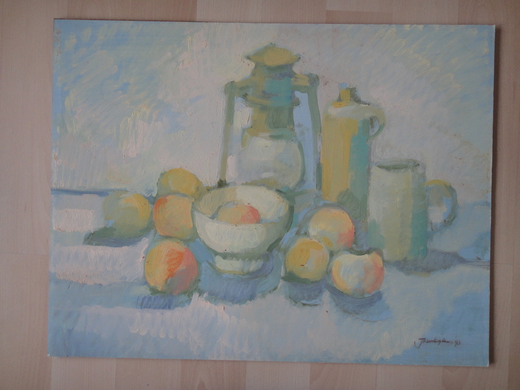 Jan Verheijen, olieverf op board, stilleven met o.a. fruit en olielamp I kopen? Bied vanaf 1!