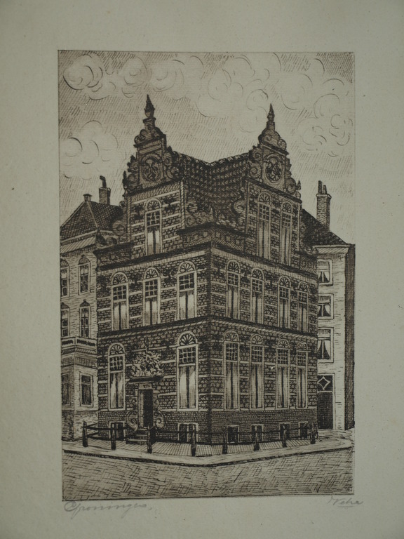 Onduidelijke signatuur - Ets – Het Goudkantoor Groningen – Ingelijst - Oud kopen? Bied vanaf 1!