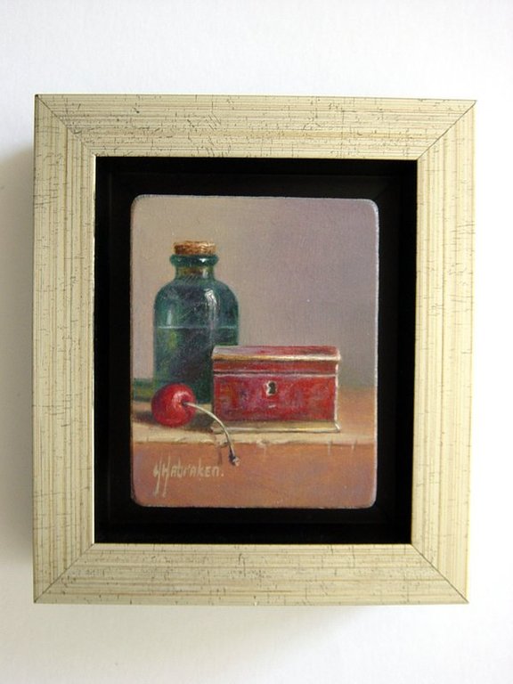 Hans Habraken - Olieverf op paneel - Stilleven groene fles, rood kistje en kers verkocht voor € 165!
