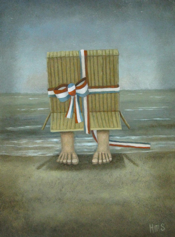 Schilder Hermanus, olieverf op paneel, 'dagje aan zee' verkocht voor € 250!