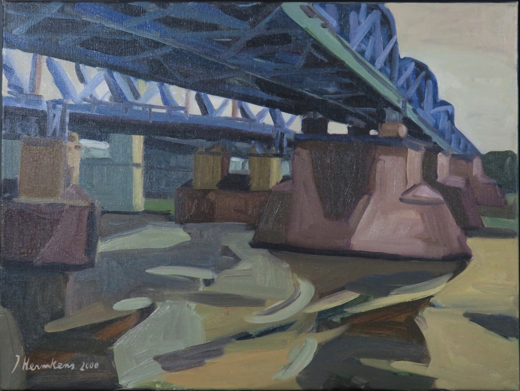 Jeroen Hermkens: Olieverf op doek, Spoorbrug - Ingelijst kopen? Bied vanaf 750!
