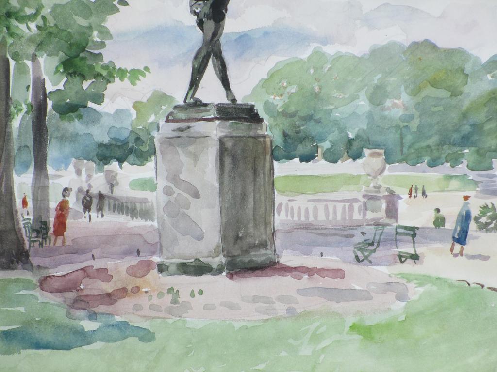 Han Krug, Standbeeld Jardins Paris, Aquarel kopen? Bied vanaf 35!