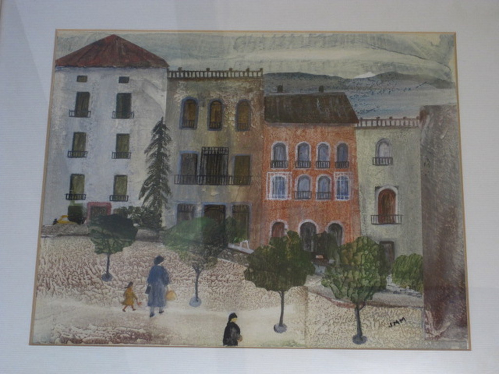 monogram JMM - aquarel/pastel "Parijs - personen op plein" omstreeks 1950  kopen? Bied vanaf 1!