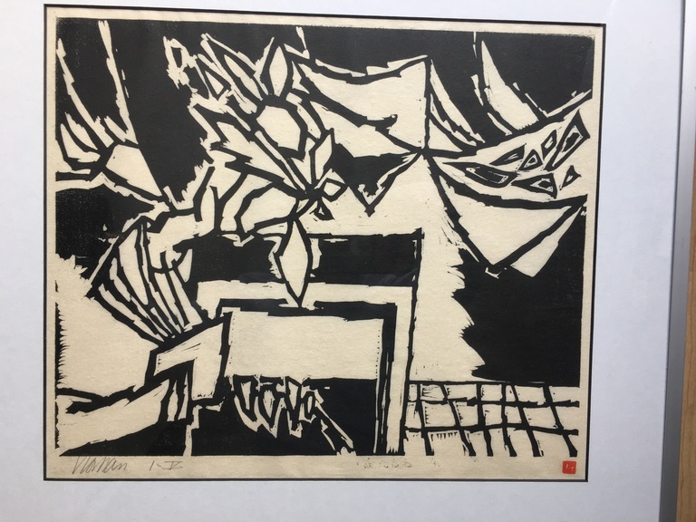 Houtsnede "Bloeiende Daken" oplage I/V, handg: 67x52cm GEEN VERZENDKOSTEN IN NL verkocht voor € 38!