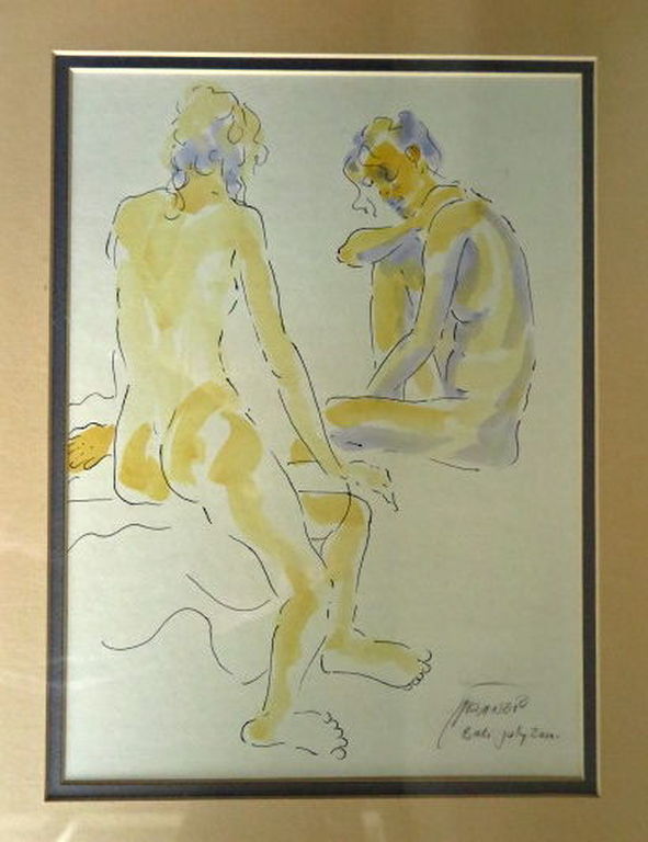 "Zonnig naakt" - combi pentekening aquarel - ingelijst - signering onduidelijk kopen? Bied vanaf 1!