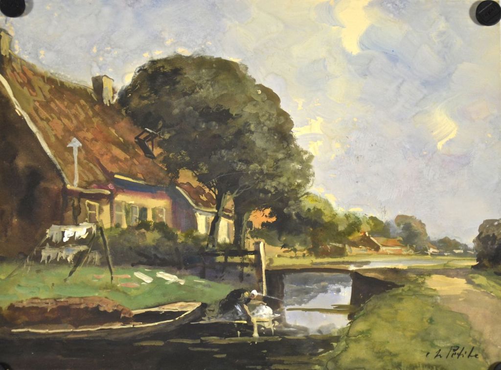 Adriaan Terhell: Aquarel. Dorpsgezicht met vaart kopen? Bied vanaf 100!