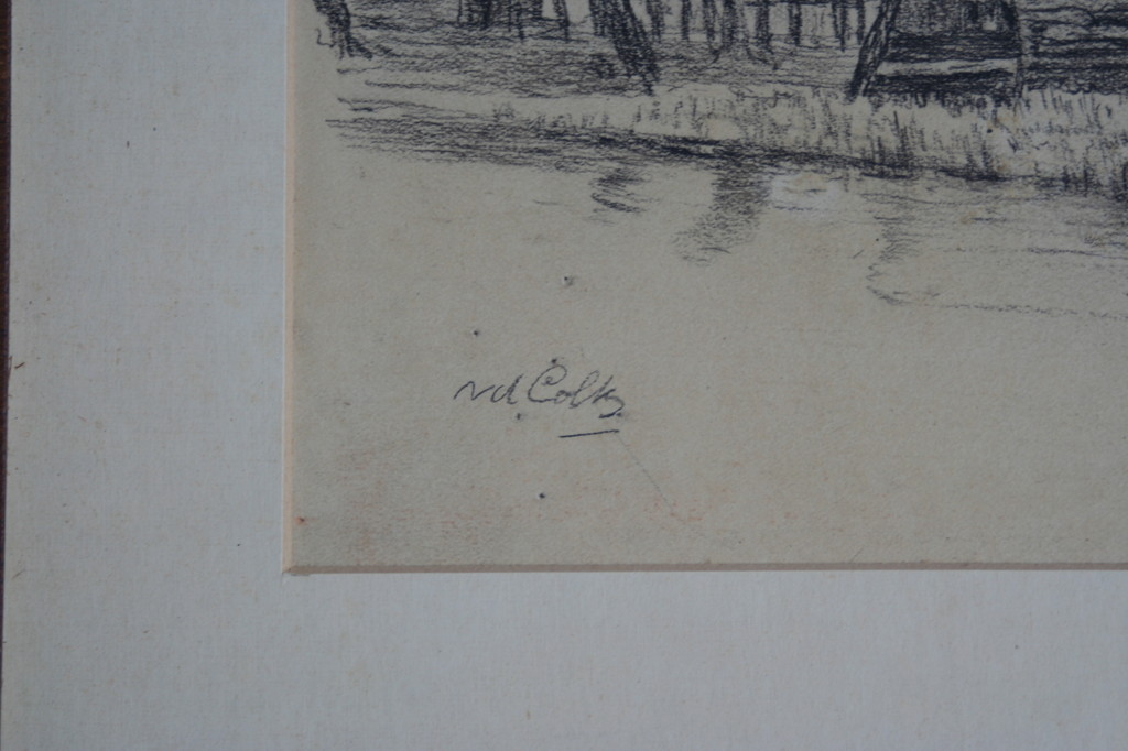 Willem v.d. Colk, potloodtekening, boerderij langs de waterkant kopen? Bied vanaf 1!
