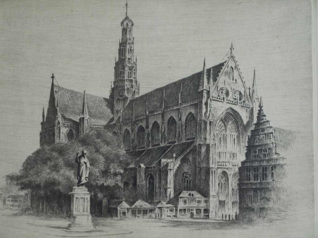 Maarten Langbroek : Ets, St. Bavo, Haarlem – gesigneerd en ingelijst – 1979 verkocht voor € 55!