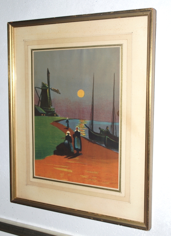 Litho jaren 20 - Avond aan het water met molen, vrouwen in klederdracht.  kopen? Bied vanaf 25!