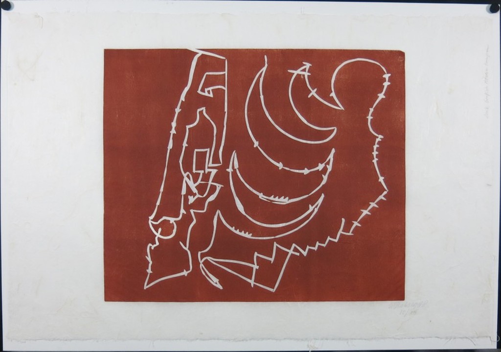 Wim Izaks: Lino op rijstpapier, Zonder titel rood (groot) kopen? Bied vanaf 1!