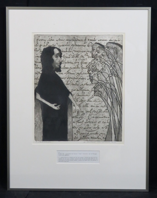 Harry van Kruiningen: Ets met reliëfdruk, De Banvloek van Spinoza - Ingelijst verkocht voor € 60!