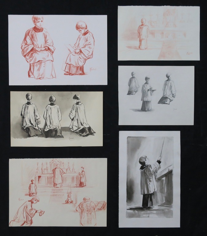 Klaas Fernhout: Lot met 4 tekeningen en 2 aquarellen, Misdienaars kopen? Bied vanaf 1!