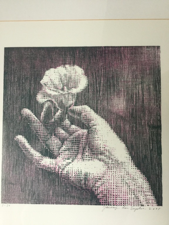 Jacomijn den Engelsen (1958), Hand met roos, houtsnede,  ingelijst kopen? Bied vanaf 40!