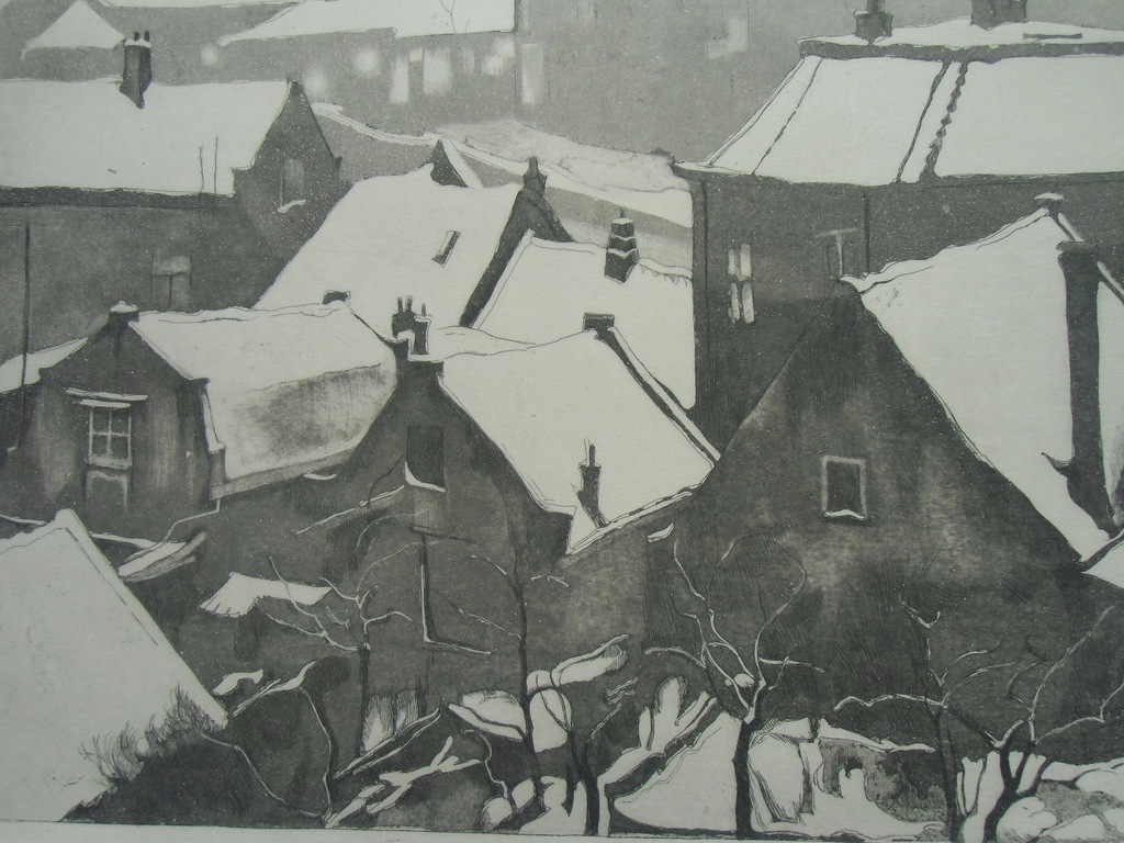 WINTERS STADSGEZICHT / ETS EN AQUATINT VAN CEES BOLDING verkocht voor € 80!