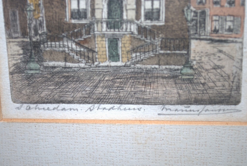 Schiedam, het stadhuis, handgekleurde gesigneerde ets kopen? Bied vanaf 10!