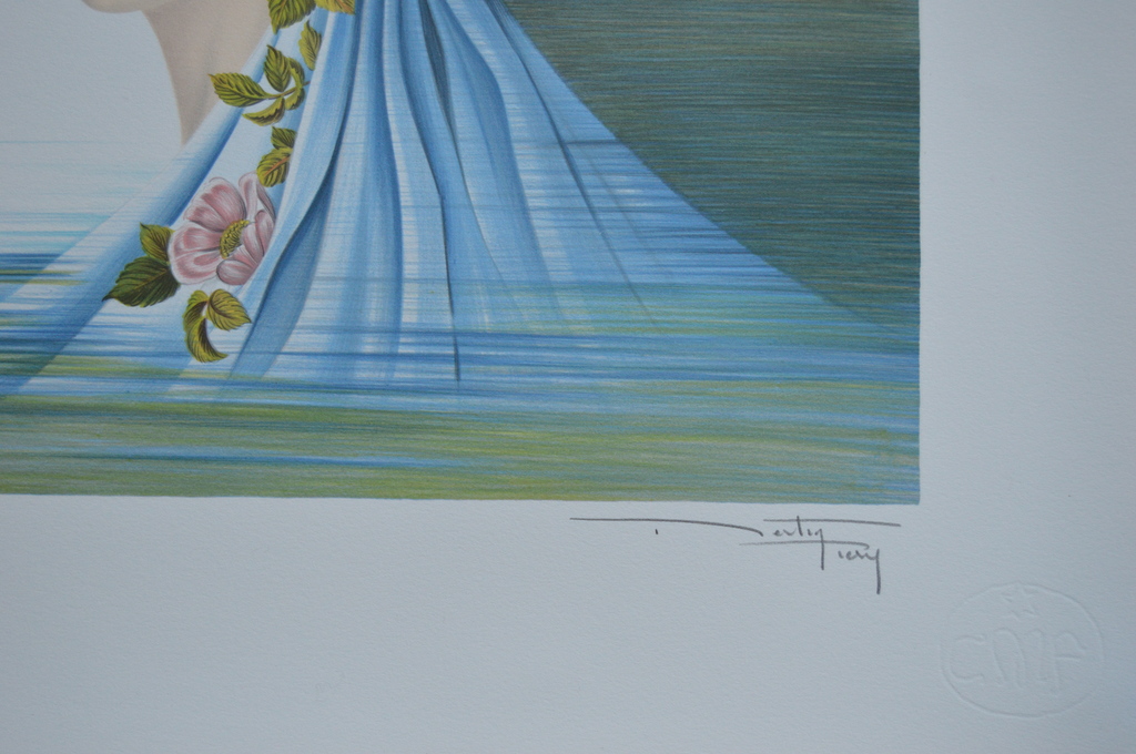 Pierre Bertin: 'Femme avec fleurs ...', grote kleurenlithografie, handgesigneerd kopen? Bied vanaf 1!