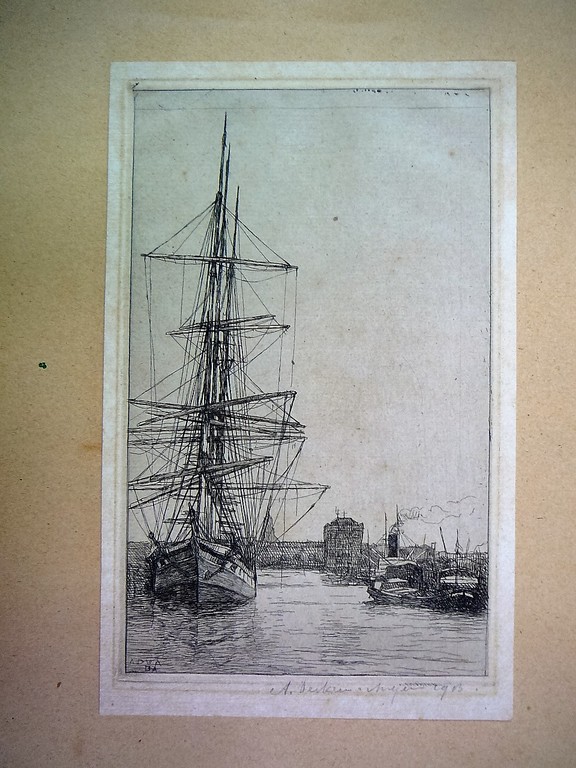  Derkzen van Angeren 1878-1961 Ets van haven met zeilboot  kopen? Bied vanaf 40!