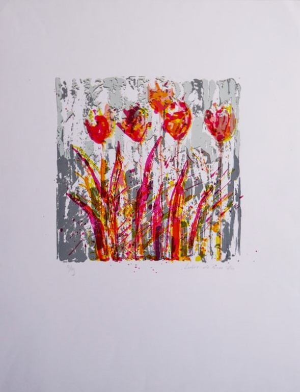 Lukie de Bree: Zeefdruk, Tulpen, Gesigneerd, 1984 kopen? Bied vanaf 45!
