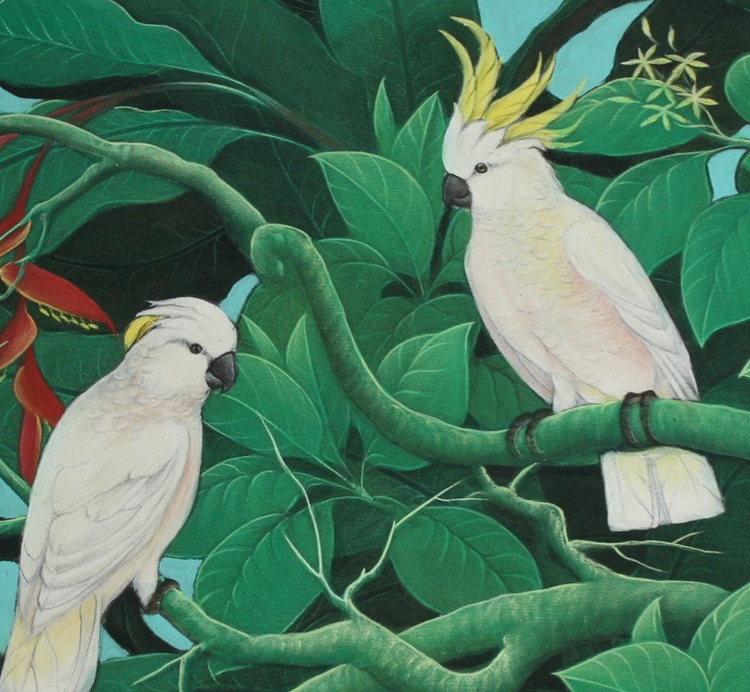 Onbekend kunstenaar - acrylverf op doek - kaketoes in de jungle - gesigneerd kopen? Bied vanaf 1!