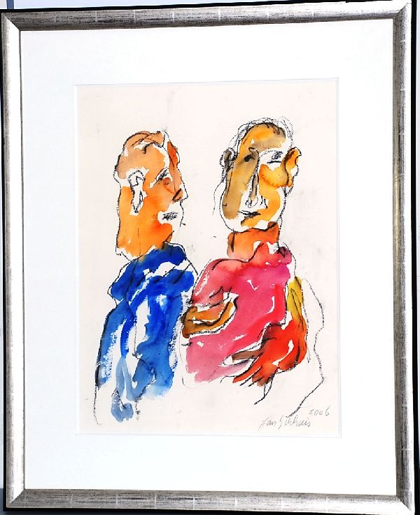 Jan Sierhuis: Originele Pastel/Aquarel. 2 Figuren. Ingelijst verkocht voor € 350!