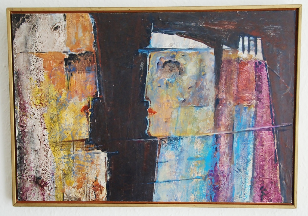 Jo Manders, Olieverf op paneel, Vrouw en man verkocht voor € 75!