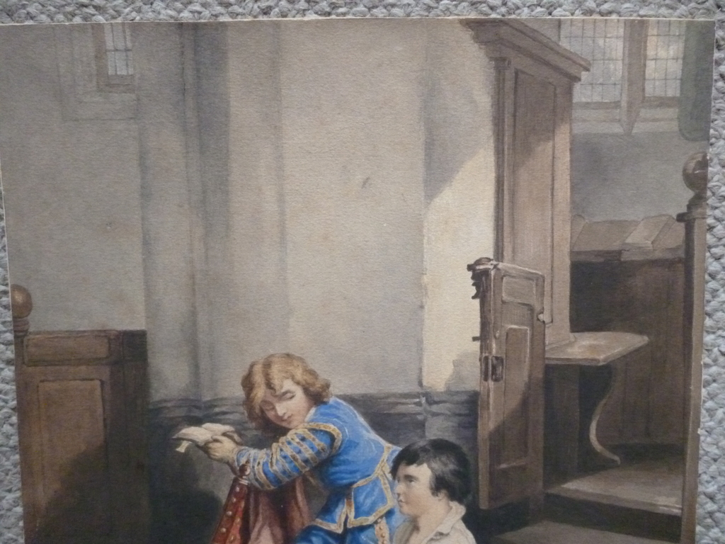 Hollandse school - aquarel - Twee jongens biddend in een kerk kopen? Bied vanaf 45!